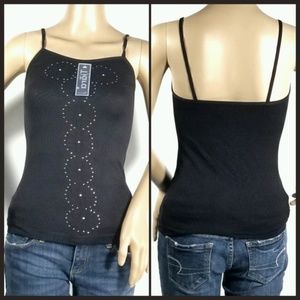Black Floral Rhinestone Spaghetti Strap Top